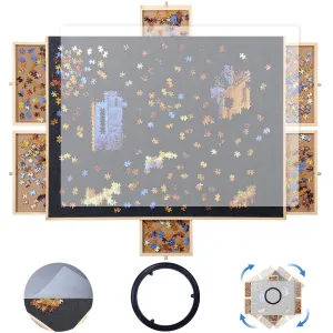 1000 Piece Wooden Jigsaw Puzzle Board 6 Drawers 30”X 22”Rotating Puzzle Table|Felt Cushion Felt Surface and Translucent Cover Mat，360°Turntable Portable Puzzle Tables for Adults and Kids