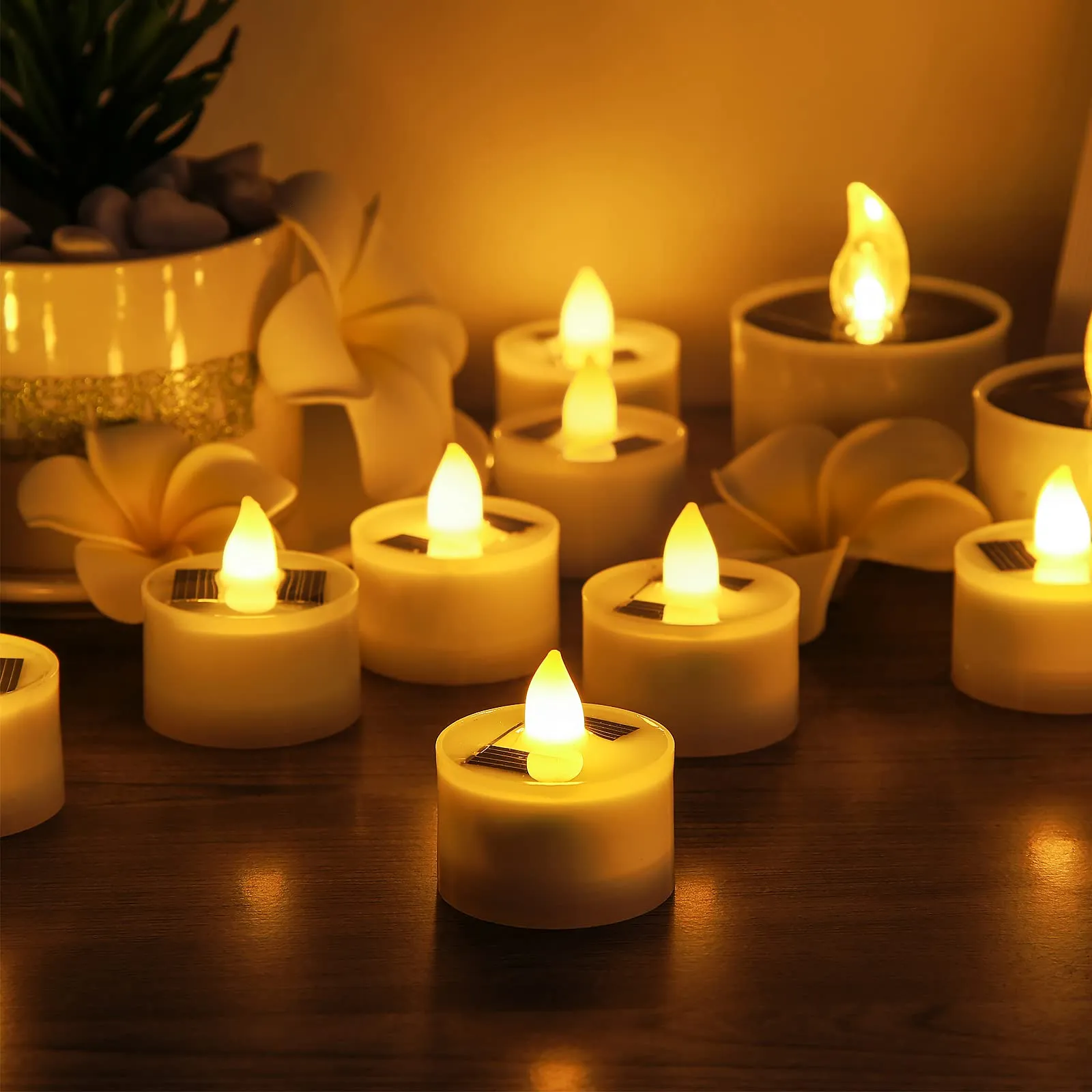 12 Pieces Solar Tea Light Candles Flameless Outdoor Waterproof Solar Tea Lights Rechargeable Candles with Dusk to Dawn Flickering Light Sensor (Yellow)