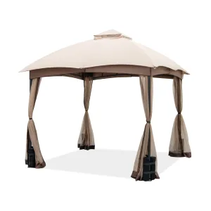 296 X 296 CM Double-Vent Patio Gazebo with Privacy Netting and 4 Sandbags-Khaki