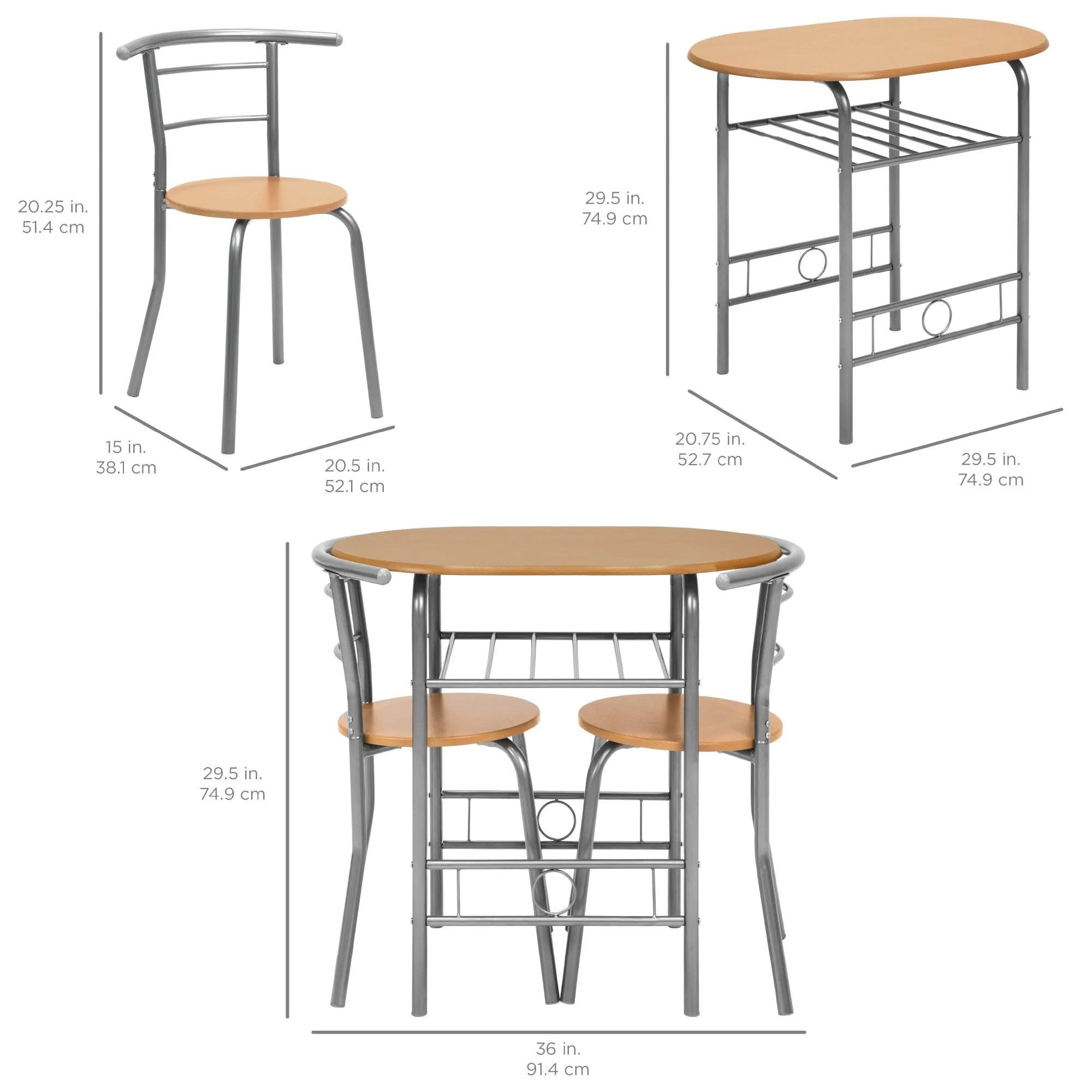 3-Piece Wooden Table & Chairs Dining Set w/ Lower Storage Shelf