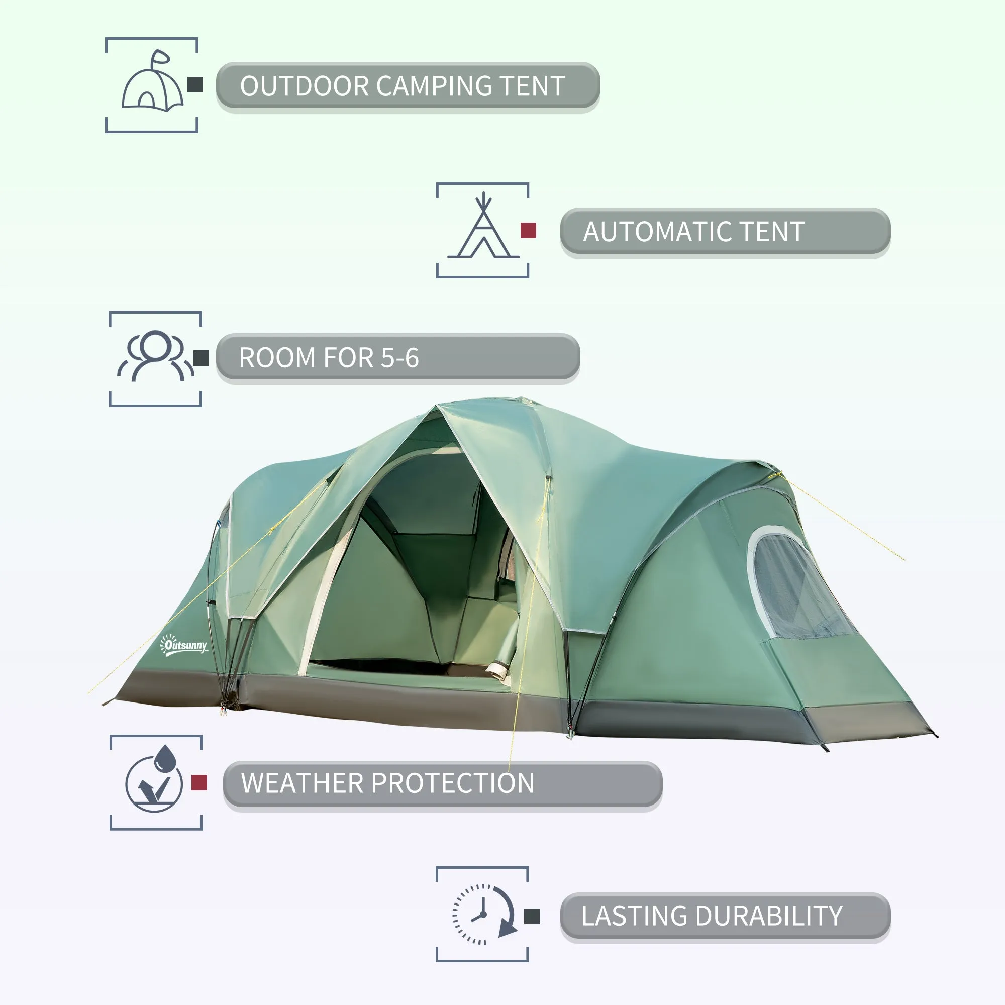 5-6 Man Dome Camping Tent Hiking Shelter UV Protection 3000mm Water Resistant Tunnel Tent - Green