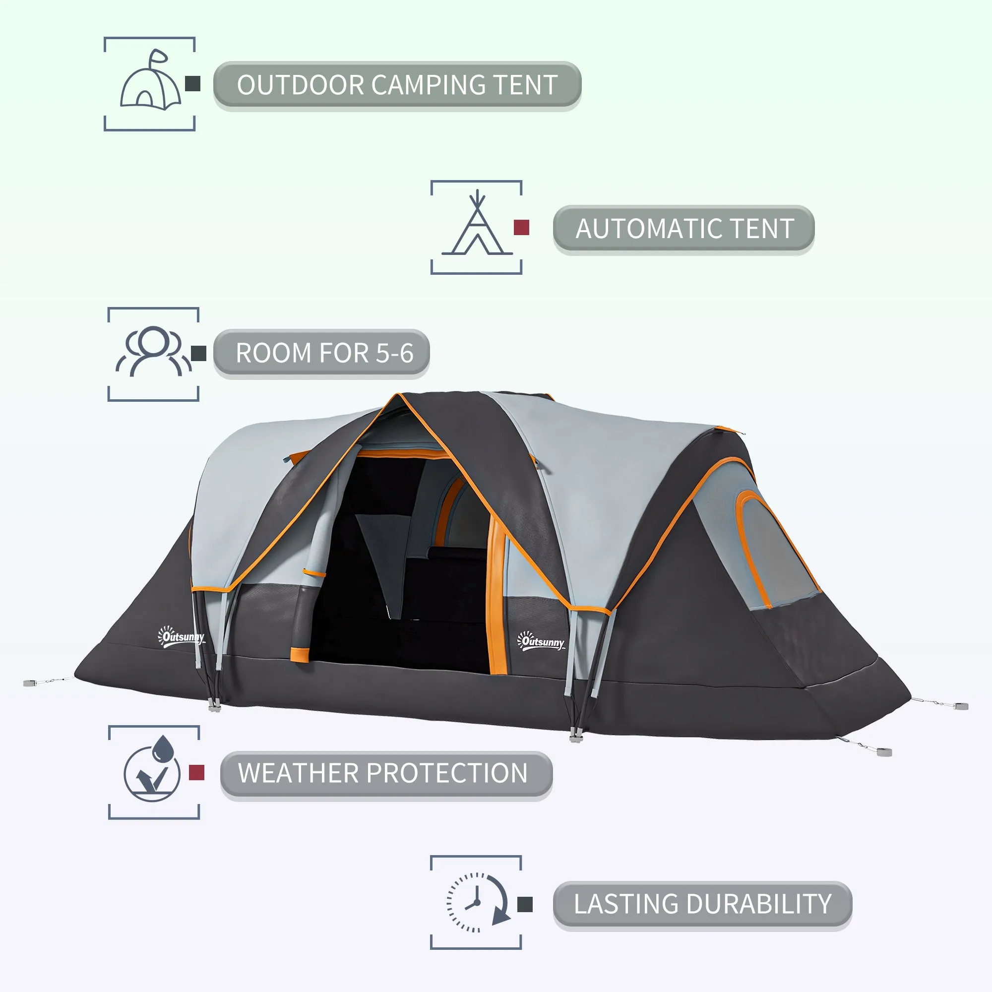 5-6 Man Dome Camping Tent Hiking Shelter UV Protection 3000mm Water Resistant Tunnel Tent - Multicolor