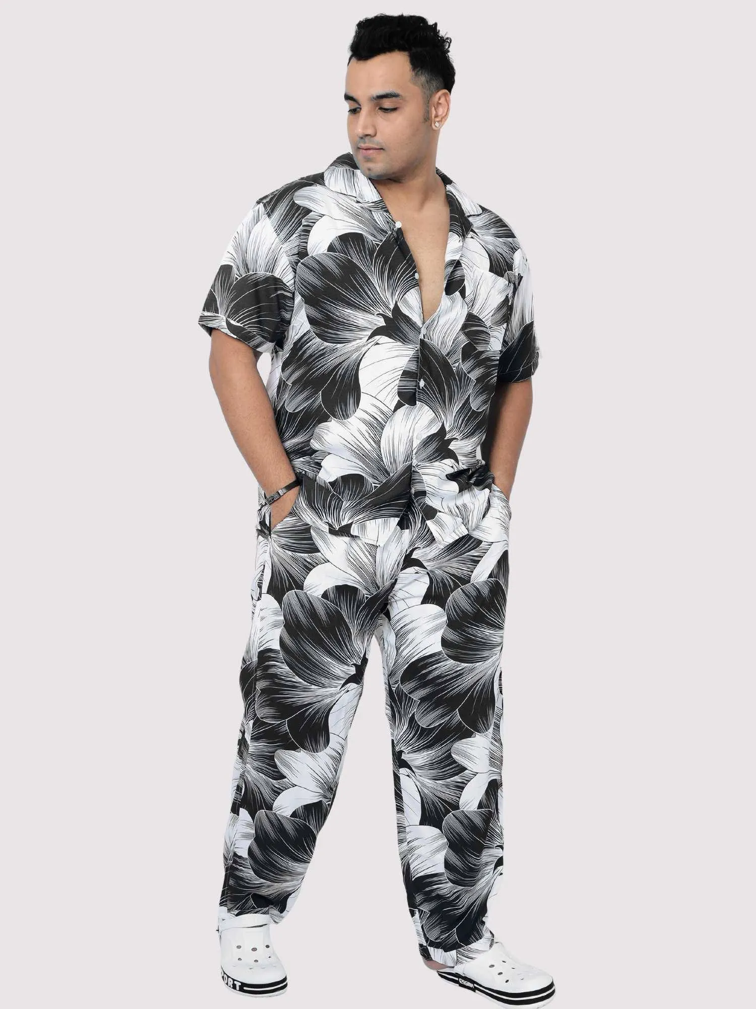 Black Big Flower Digital Printed Full Co-Ords Men's Plus Size