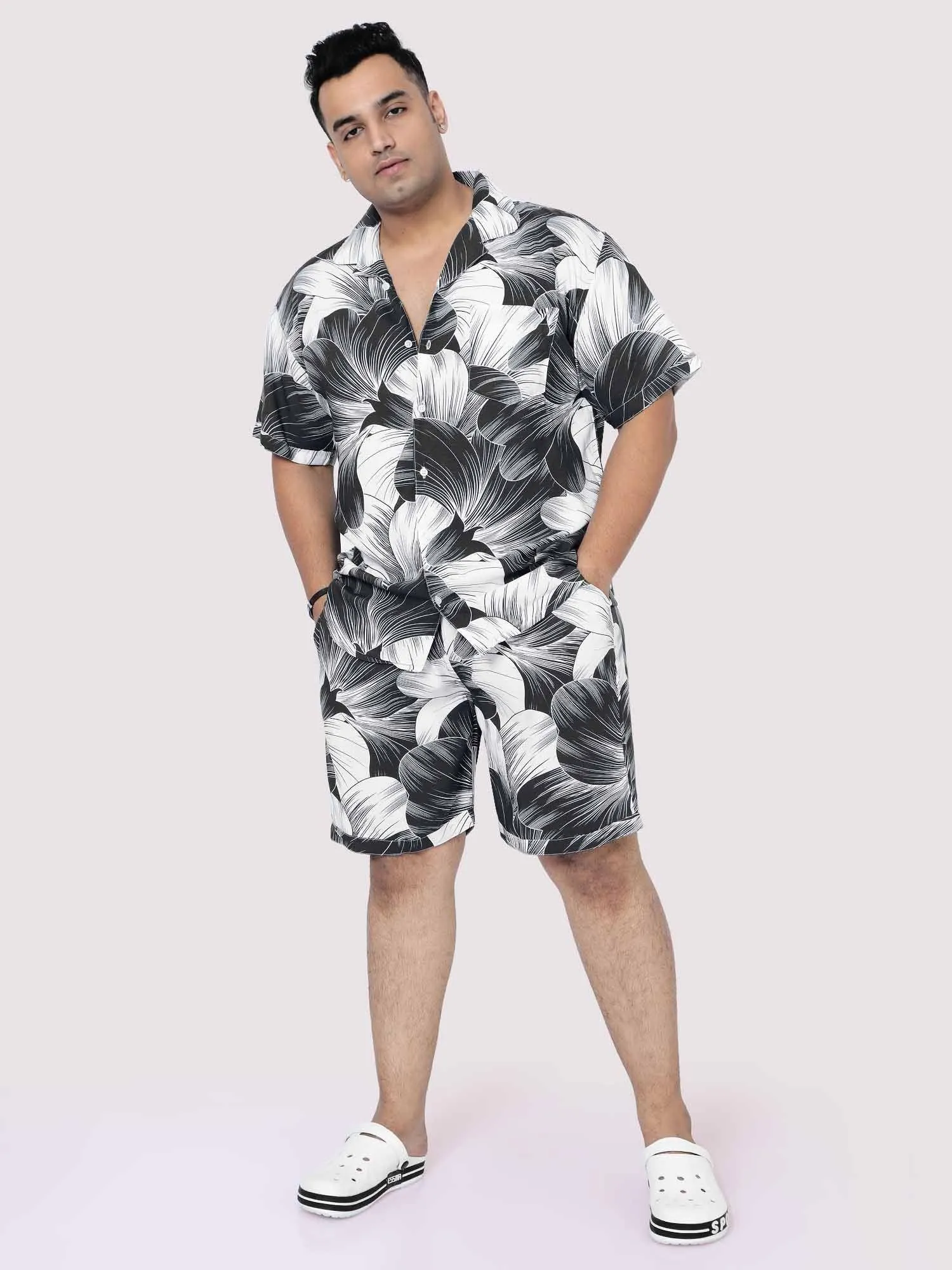 Black Big Flower Digital Printed Half Co-Ords Men's Plus Size