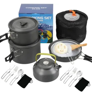 Camping Cookware Mess Kit Non-Stick Pot Frying Pan Teapot Set with Kettle Rice Shovel Fork Spoon and Kinfe for Camping Hiking