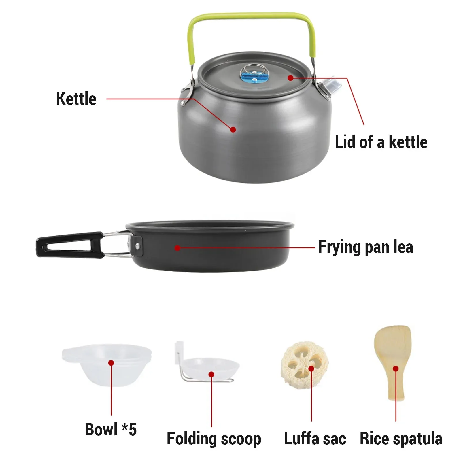 Camping Cookware Mess Kit Non-Stick Pot Frying Pan Teapot Set with Kettle Rice Shovel Fork Spoon and Kinfe for Camping Hiking