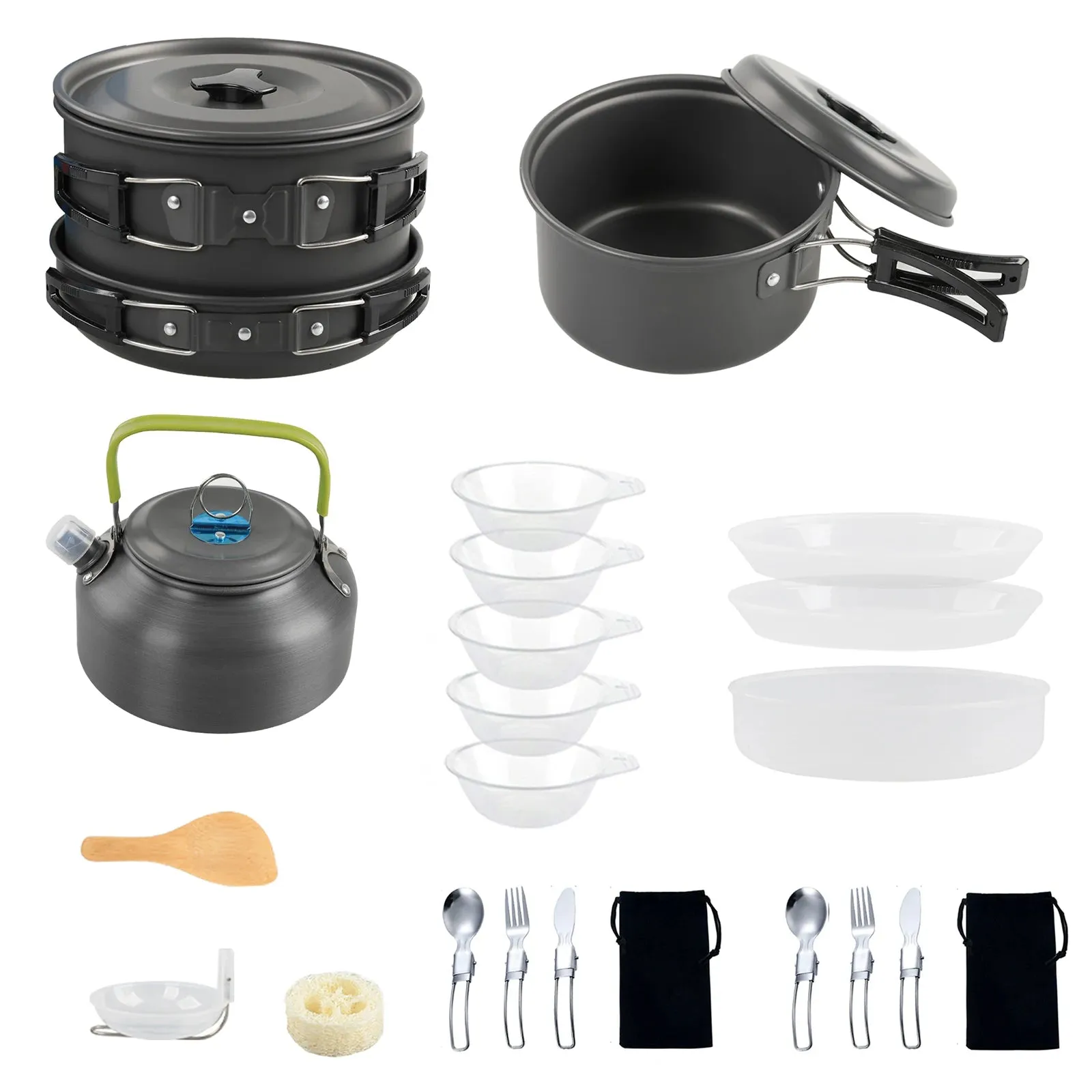 Camping Cookware Mess Kit Non-Stick Pot Frying Pan Teapot Set with Kettle Rice Shovel Fork Spoon and Kinfe for Camping Hiking