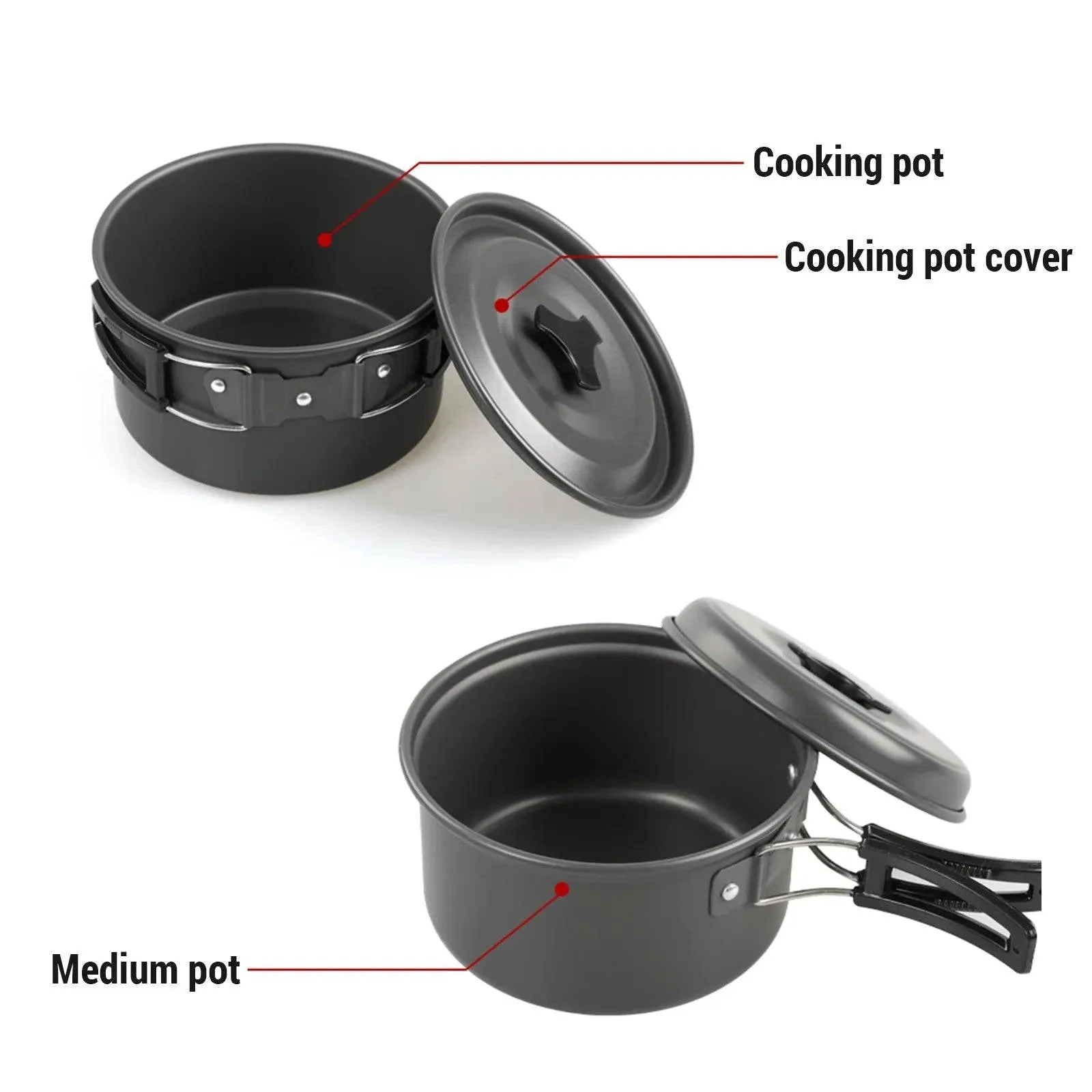 Camping Cookware Mess Kit Non-Stick Pot Frying Pan Teapot Set with Kettle Rice Shovel Fork Spoon and Kinfe for Camping Hiking