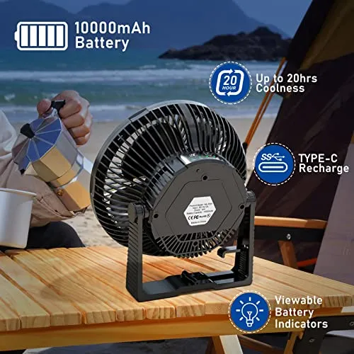 Camping Fan with Led Lantern - 10000mAh 8inch Rechargeable Battery Operated Tent Fan with Light and Hanging Hook for Outdoor Camping Tent RV Travel Fishing Hurricane Emergency Power Outage