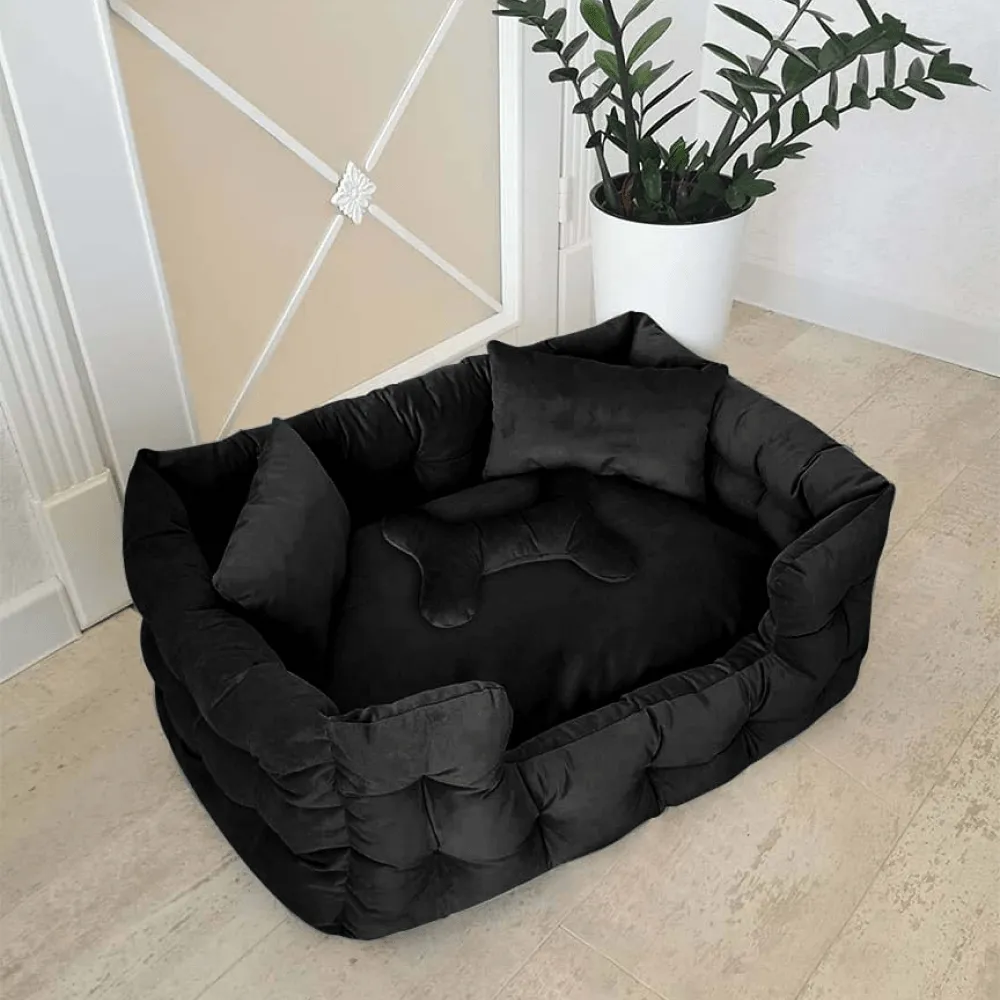 Hiputee Luxurious High Wall Soft Velvet Washable Bed for Dogs and Cats (Black)