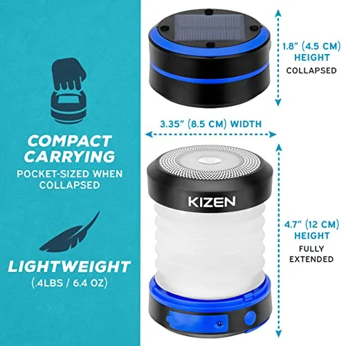 KIZEN Solar Lantern - Collapsible LED Camping Lantern - Rechargeable Solar - USB Portable Lamp and Phone Charger for Emergency, Power Outage, Hurricane - Tent Lights, Hiking, Backpacking Gear, Blue