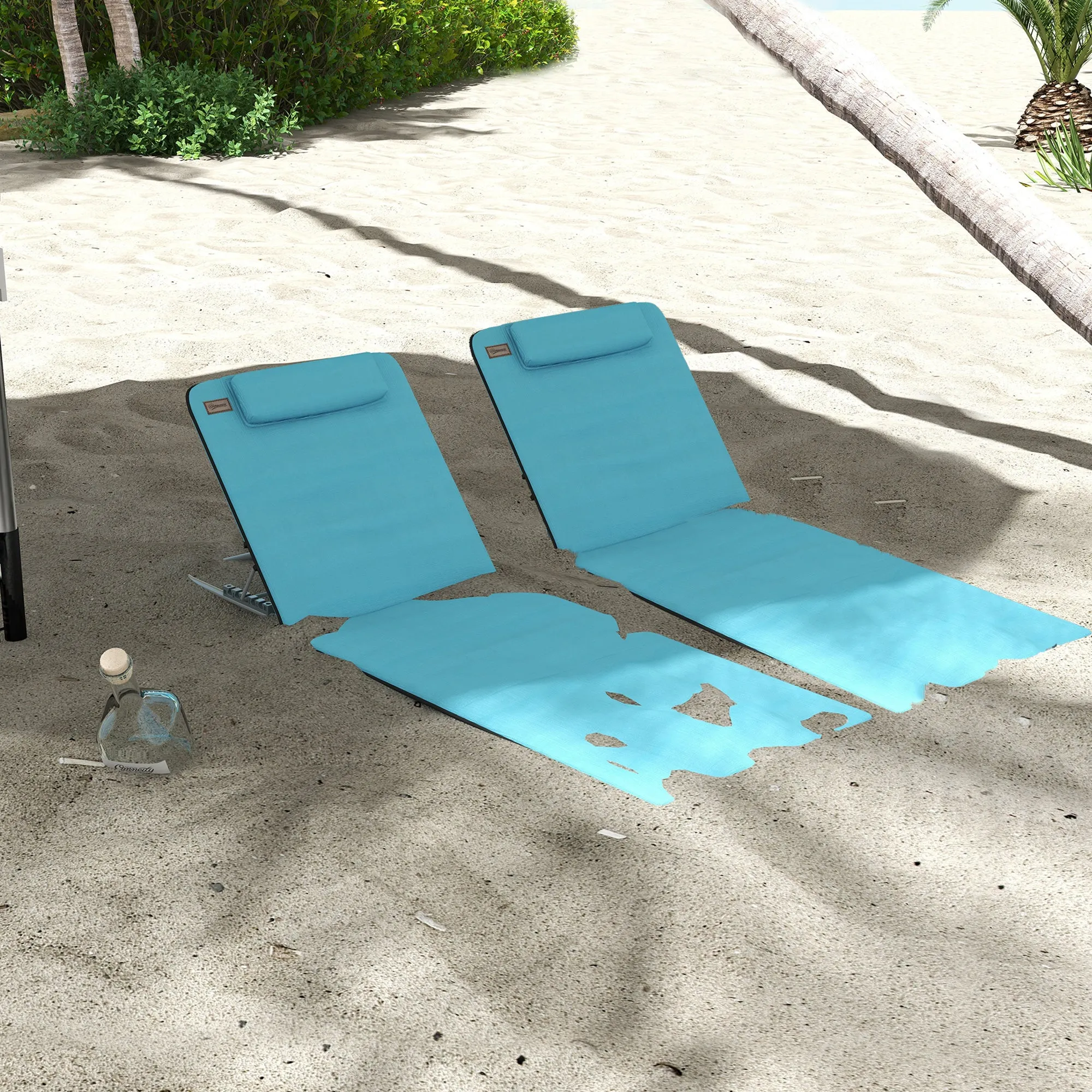 Metal Frame PE Fabric 2 Pieces Outdoor Beach Reclining Chair Set w/ Pillow Blue