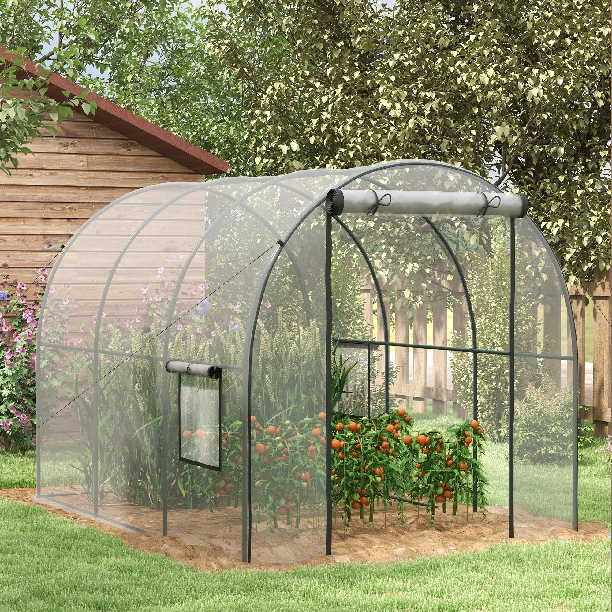 Polytunnel Greenhouse Walk-in Grow House with Plasric Cover, Door, Mesh Window and Steel Frame, 3 x 2 x 2m, Clear