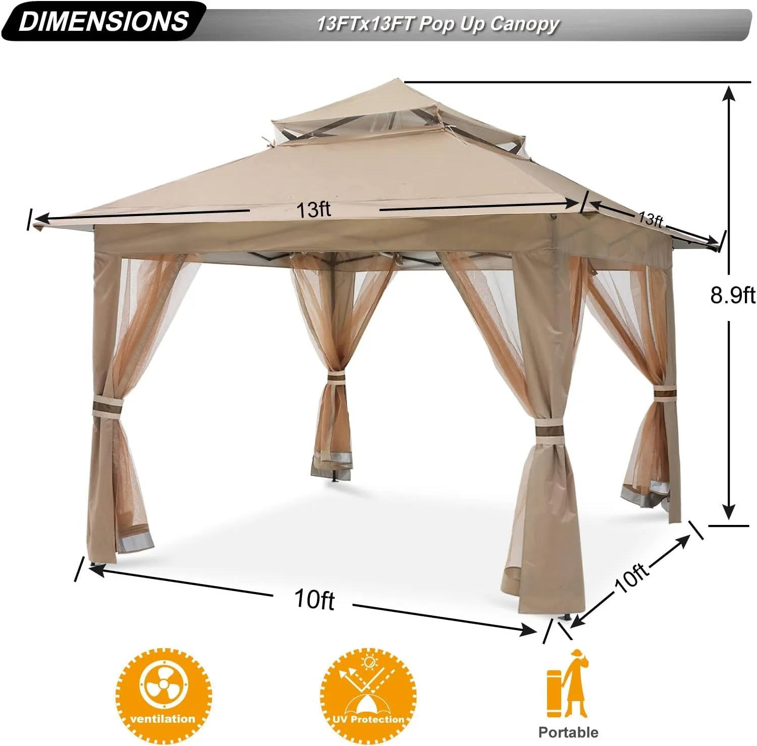 Pop up Gazebo 13X13 - Outdoor Canopy Tent with Mosquito Netting for Patio Garden Backyard (Khaki)