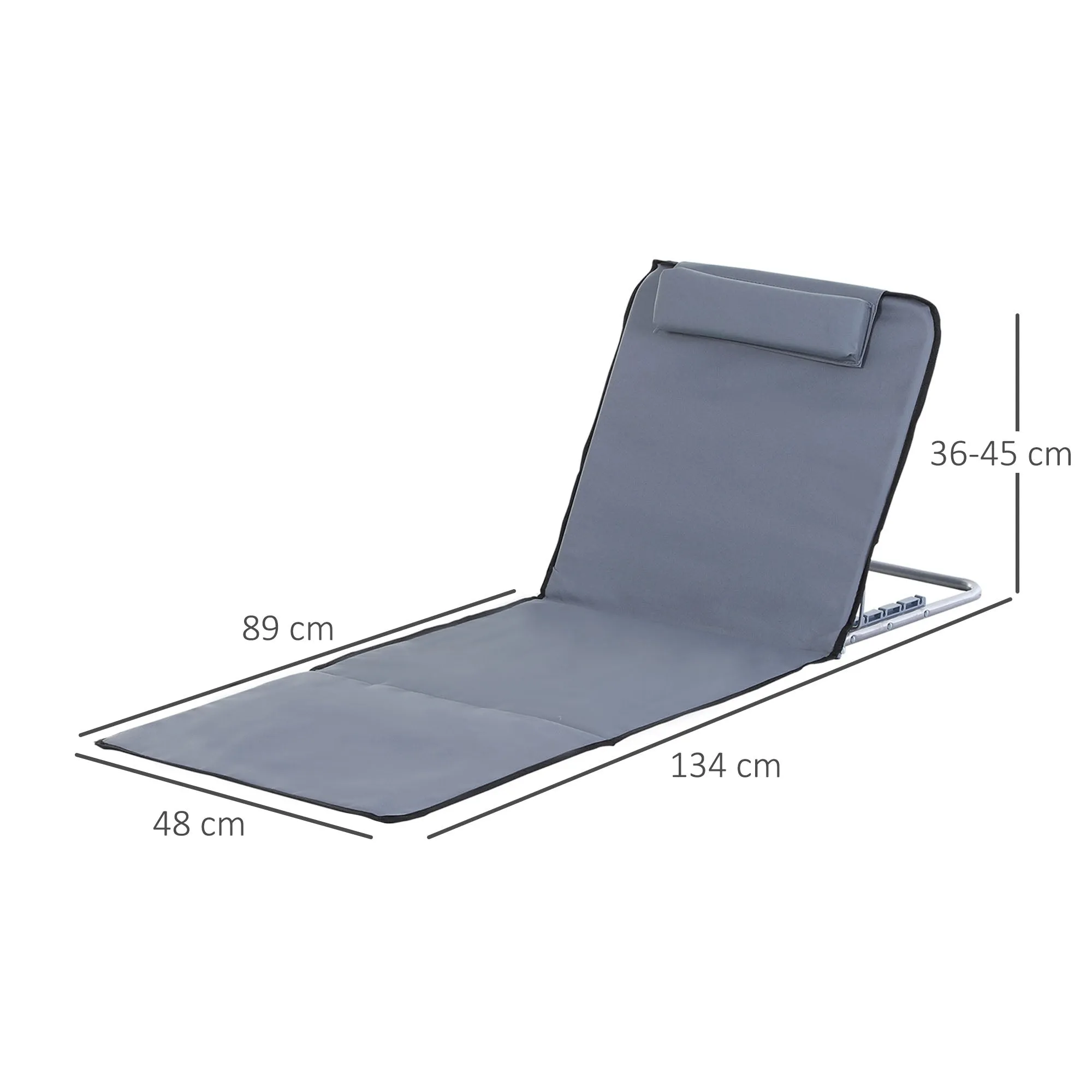 Set of 2 Foldable Garden Beach Chair Mat Lightweight Outdoor Sun Lounger Seats Adjustable Back Metal Frame PE Fabric Head Pillow, Grey