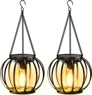 Solar Lanterns Outdoor Lights, Upgraded Metal Solar Lantern Lights, Brighter Hanging Solar Lights Outdoor Waterproof, Auto On/Off Outdoor Solar Lights for Yard Garden Patio Pathway Decor 2 Pack